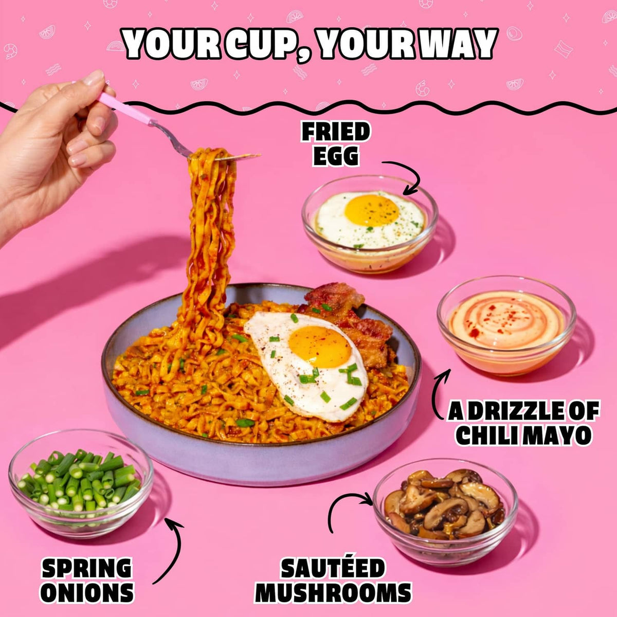 Maruchan Saucy Noodles spicy creamy chicken noodles with fried egg and toppings