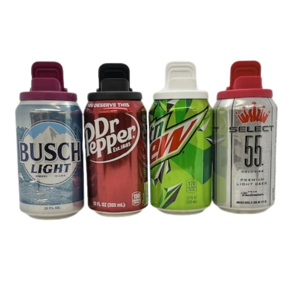 Set of beverage can covers on standard cans with burgundy, black, white, and red lids
