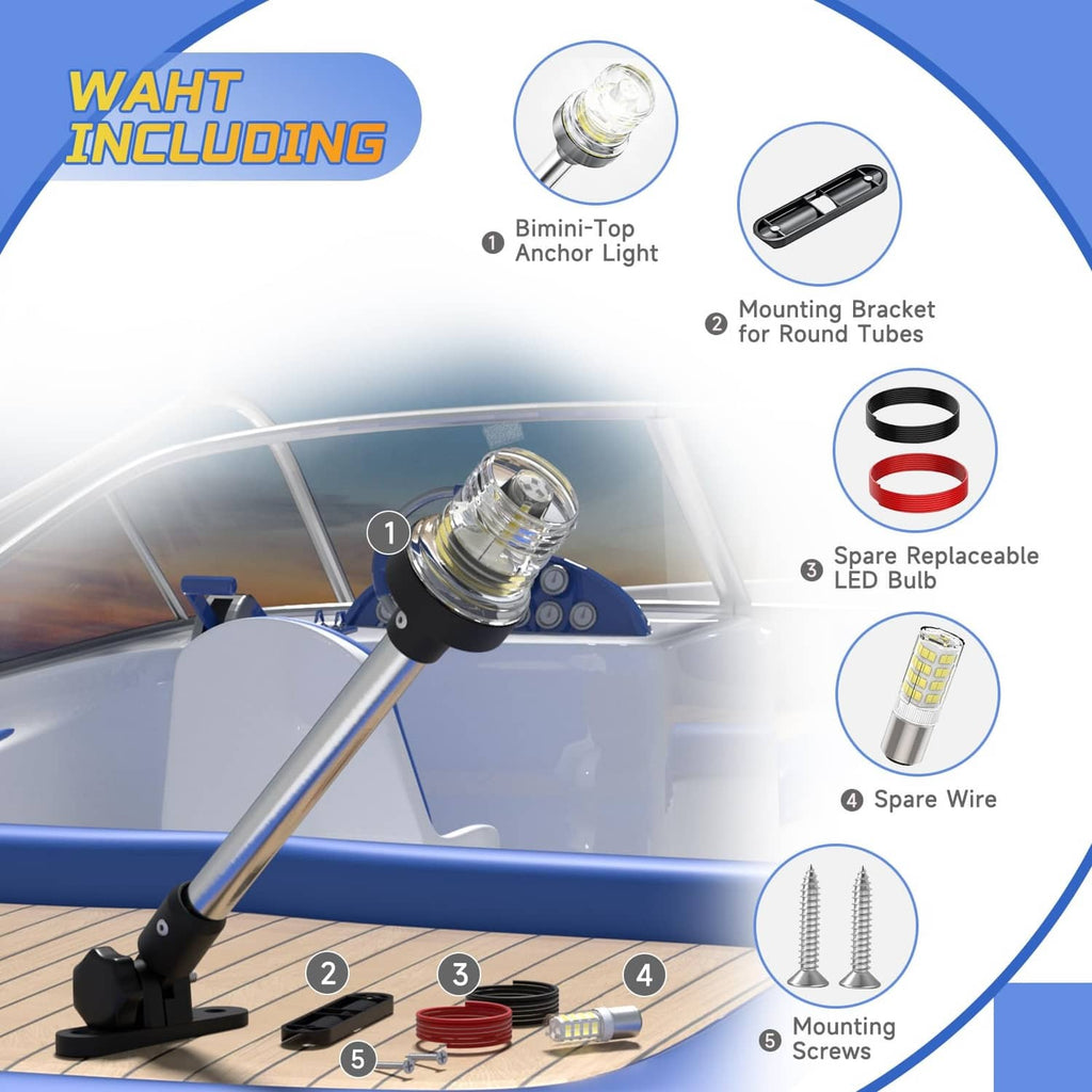 Bimini top anchor light kit with mounting bracket, spare LED bulb, and replacement wire