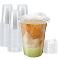 Clear 16 oz iced coffee cups with strawless sip lids, stack and single cup view