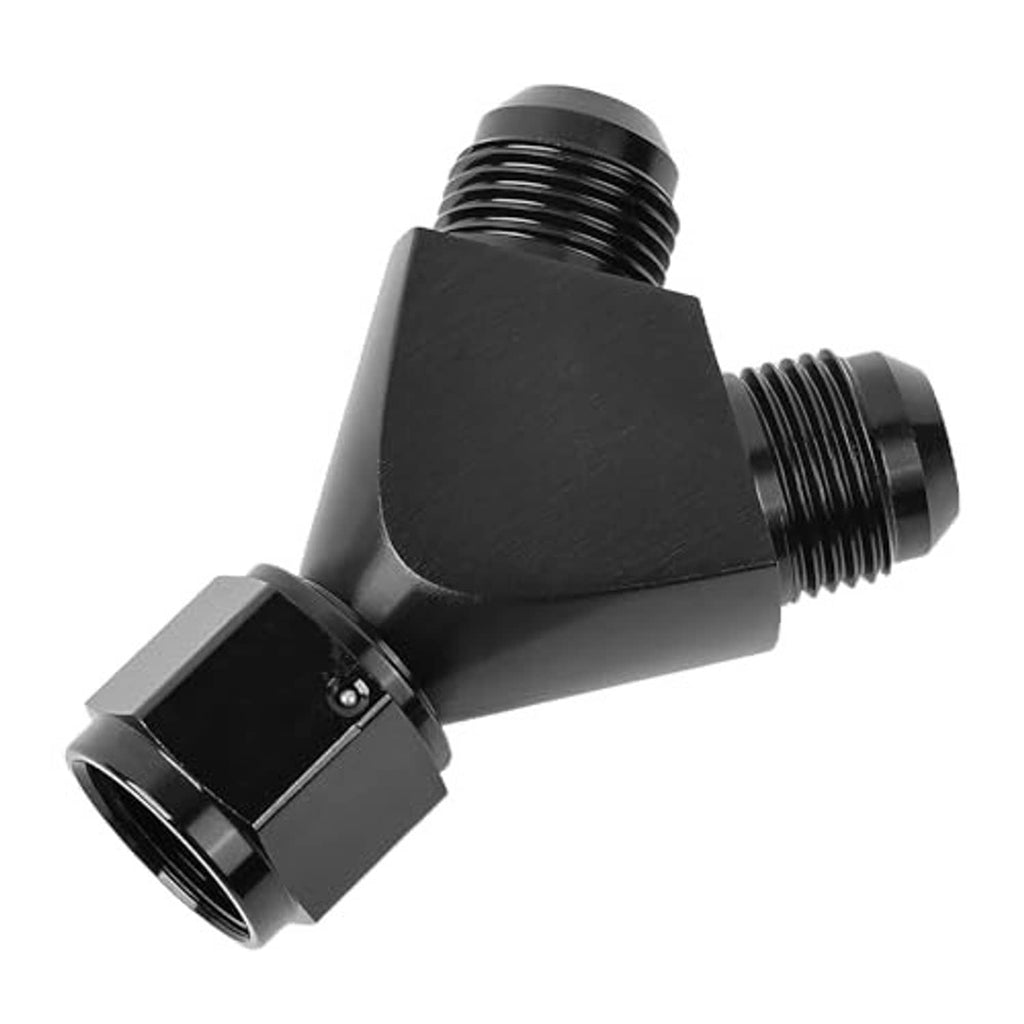 Black AN flare Y-block union splitter, side view of three threaded connections