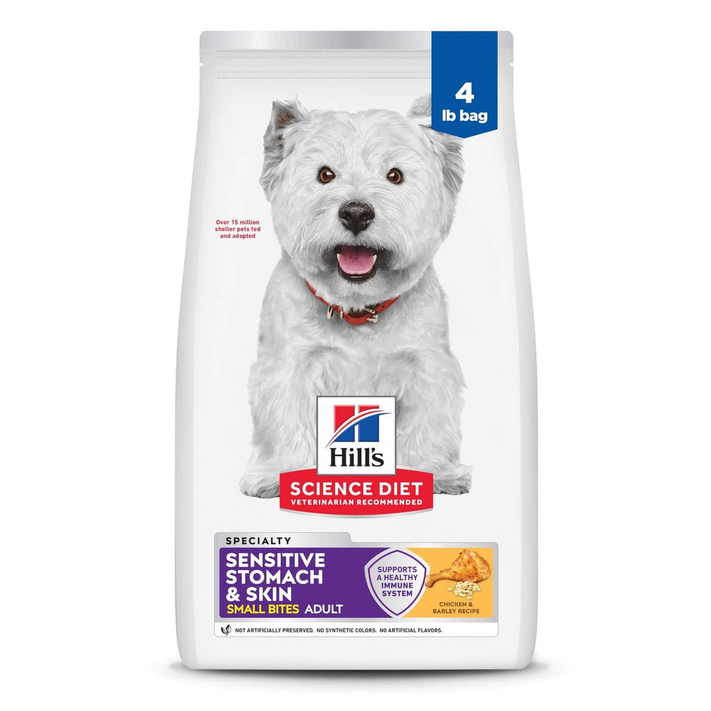 White Hills Science Diet dog food bag with 4 lb label and white dog portrait