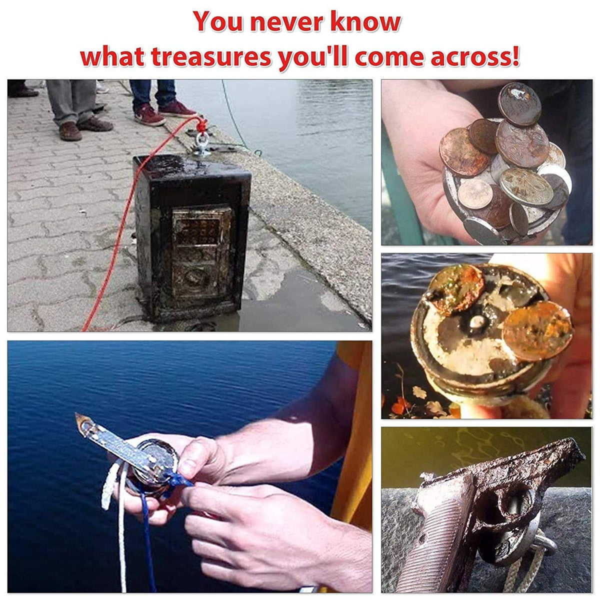 Magnet kit showing recovered coins and rope magnet retrieval from water
