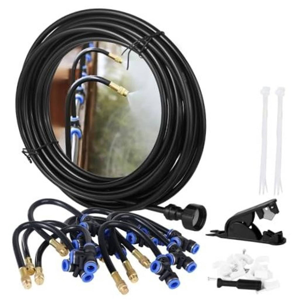 Outdoor water misting cooling hose kit with coiled black line and blue nozzle fittings
