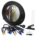 Outdoor water misting cooling hose kit with coiled black line and blue nozzle fittings