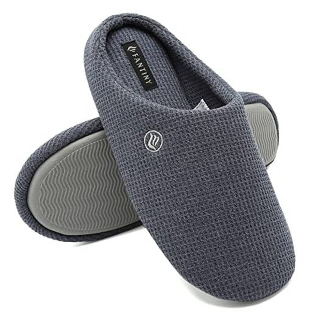 Dark blue textured slip-on slippers with cushioned insole and small logo on upper