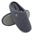 Dark blue textured slip-on slippers with cushioned insole and small logo on upper