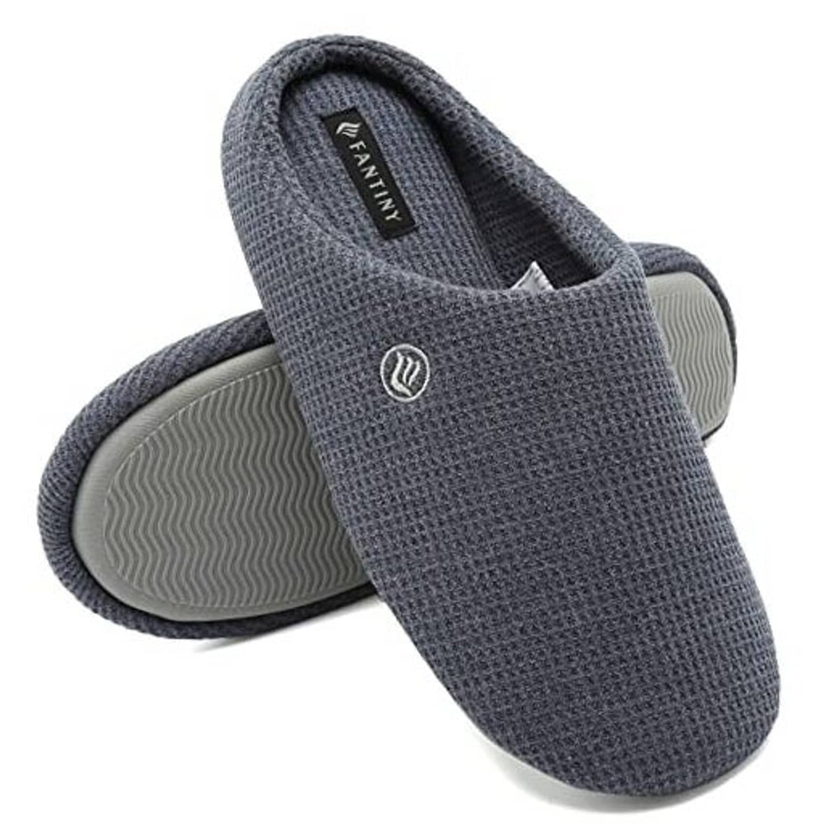 Dark blue textured slip-on slippers with cushioned insole and small logo on upper