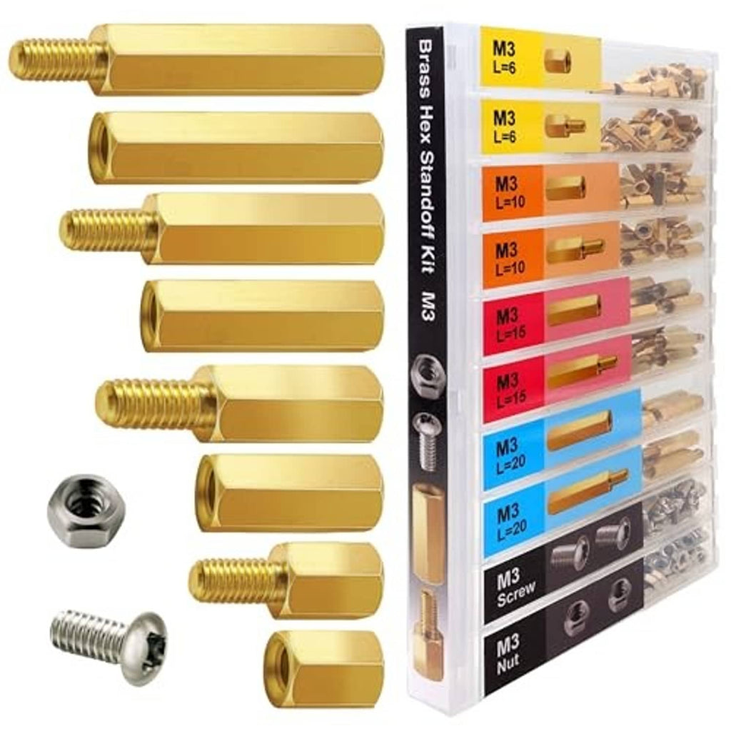 Gold M3 hex brass spacers with male-thread studs and hex female ends, plus included nuts