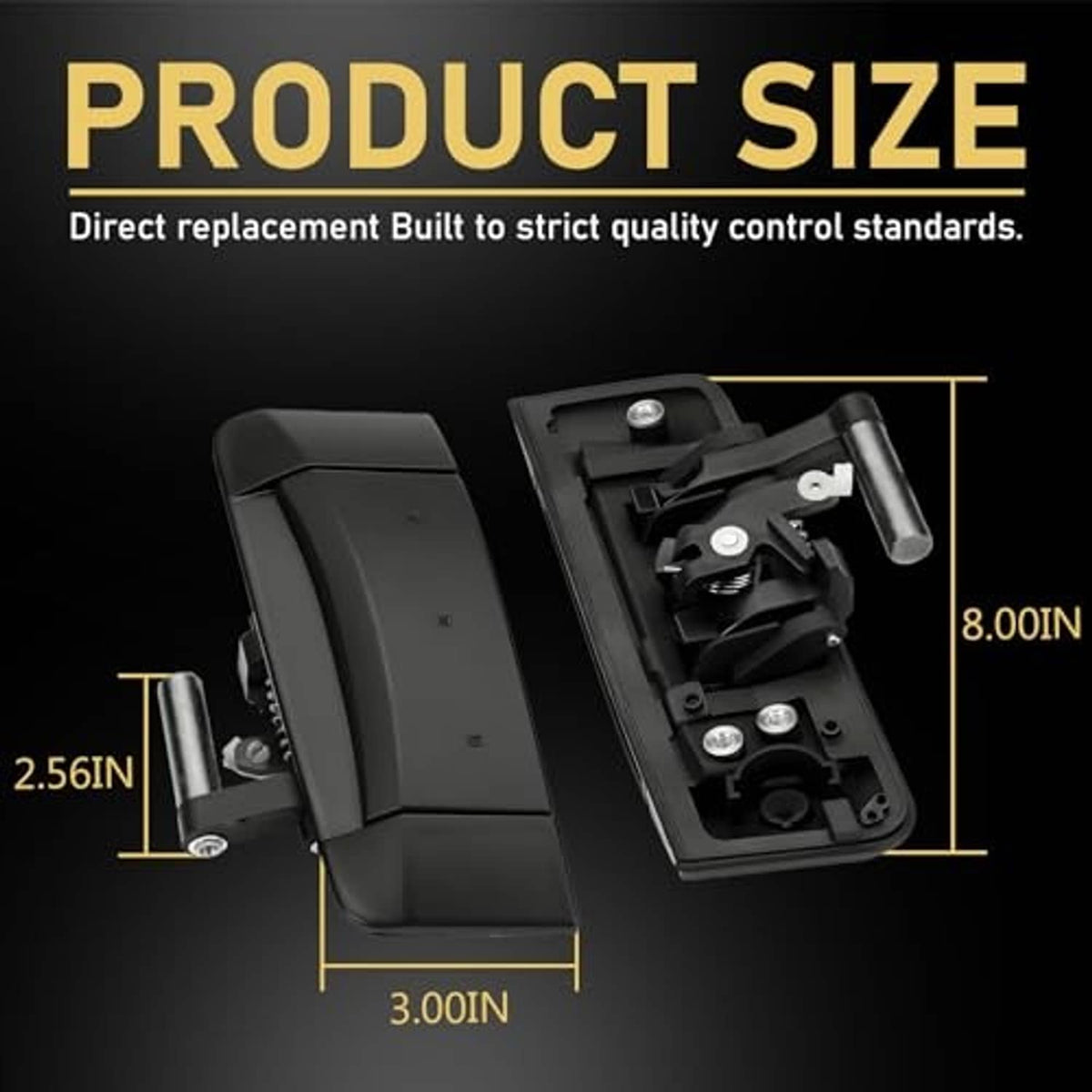 Black exterior door handle set with mounting hardware, shown with dimensions