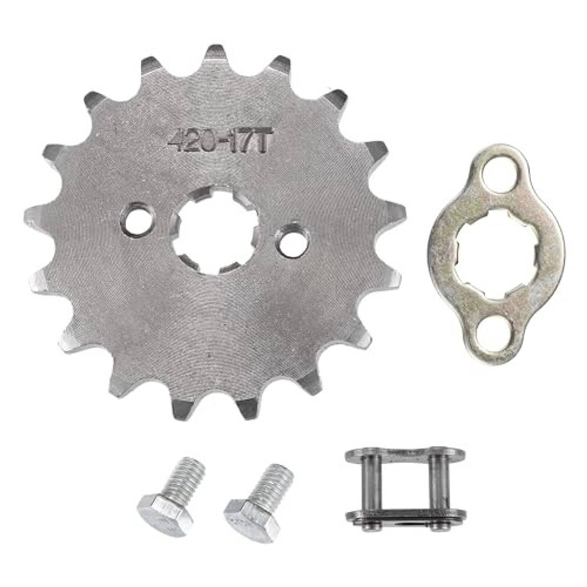 420-17T front sprocket kit: sprocket, retainer plate, two screws, chain drive pin