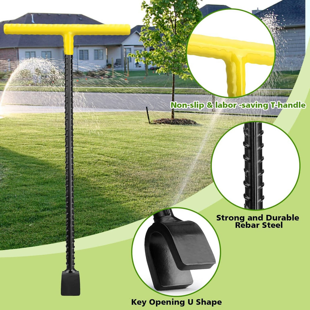 Yellow T-handle utility key with textured black shaft and broad flat U-shaped head
