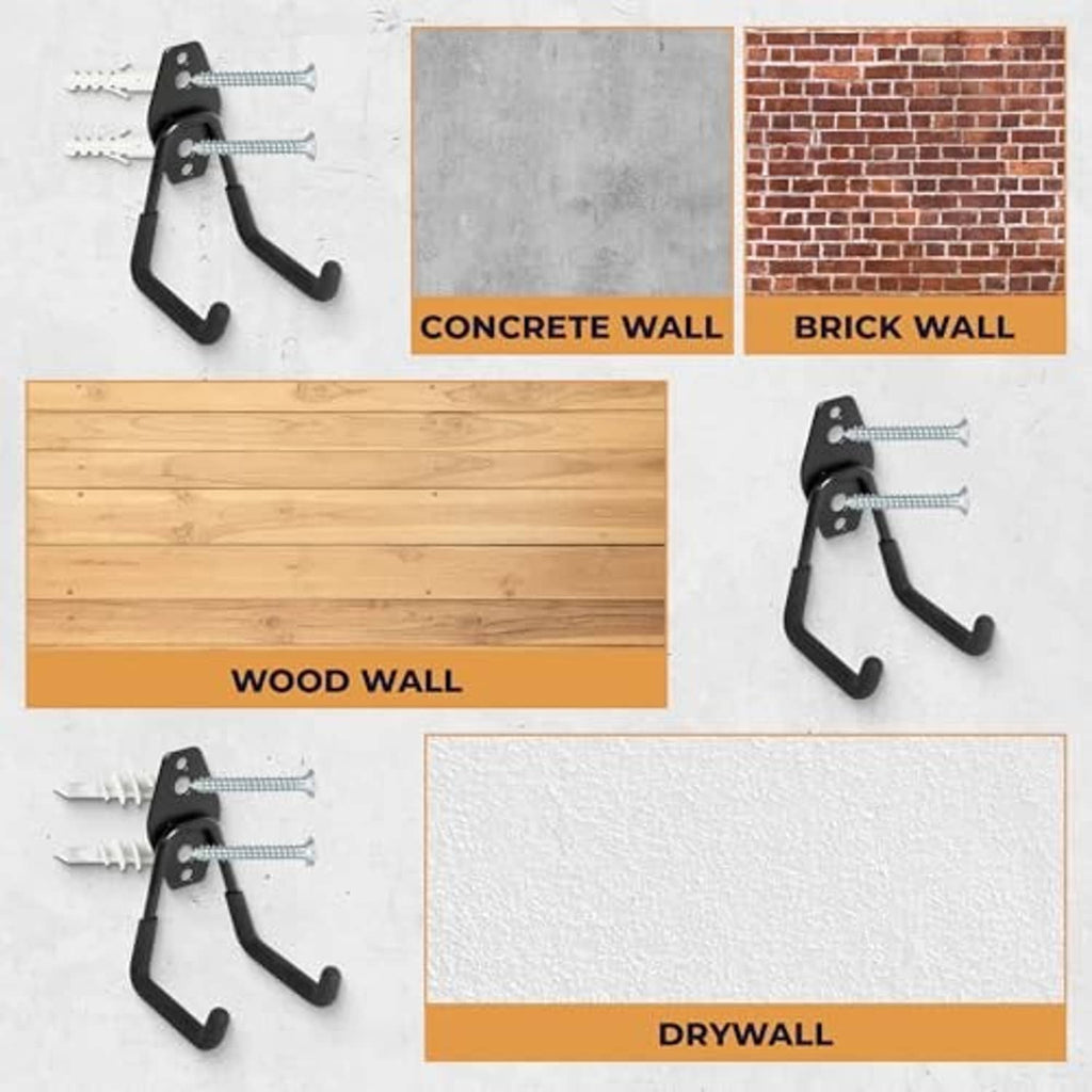 Black mounting hooks shown installed for concrete, brick, wood, and drywall