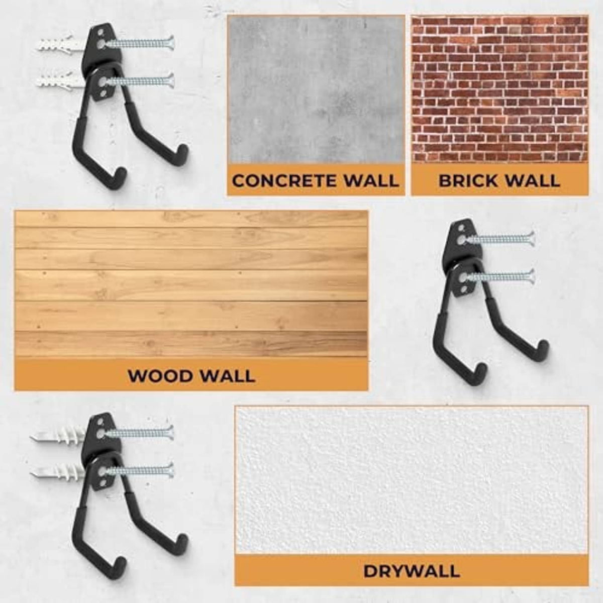 Black mounting hooks shown installed for concrete, brick, wood, and drywall
