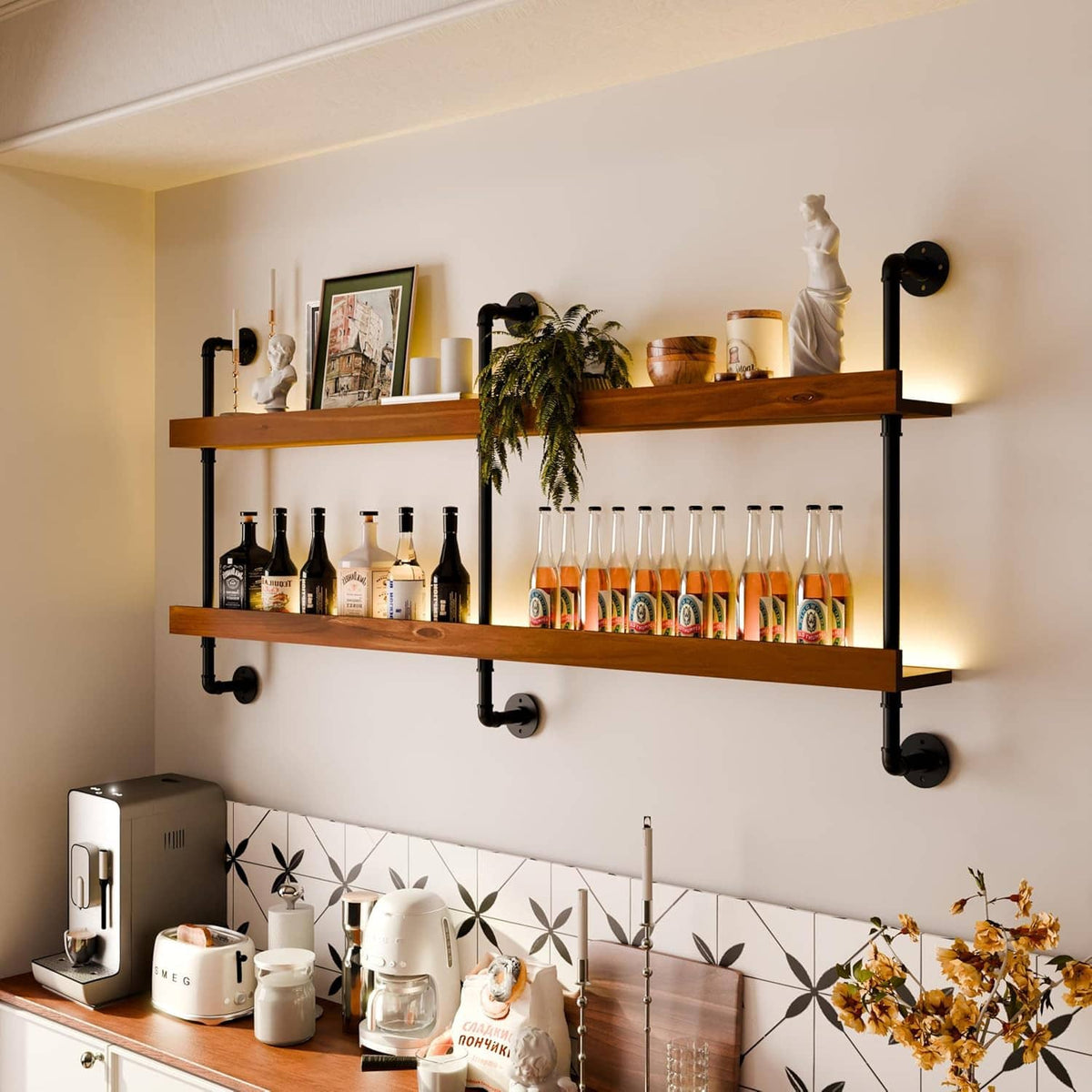 2-tier wine rack with industrial black pipe frame and wood shelves on wall
