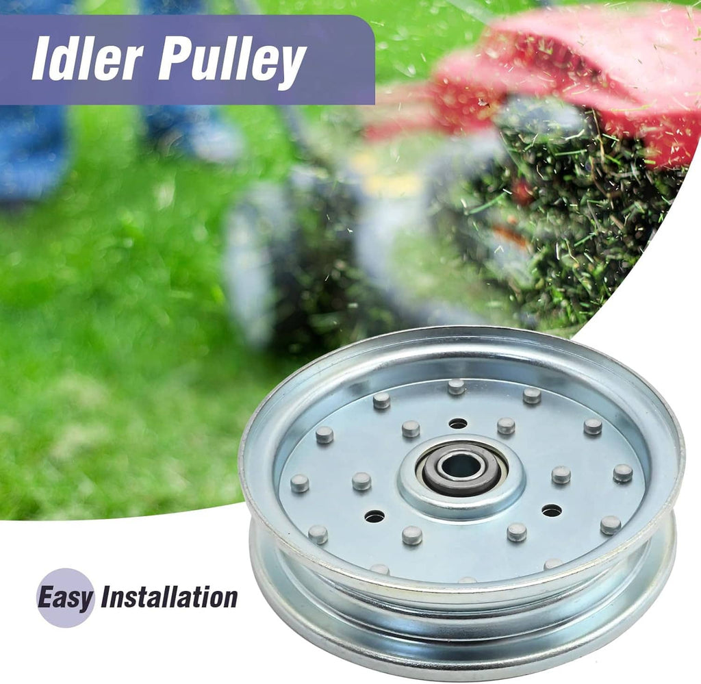 Idler pulley wheel with central bearing, bolt heads on the light blue plate, silver rim