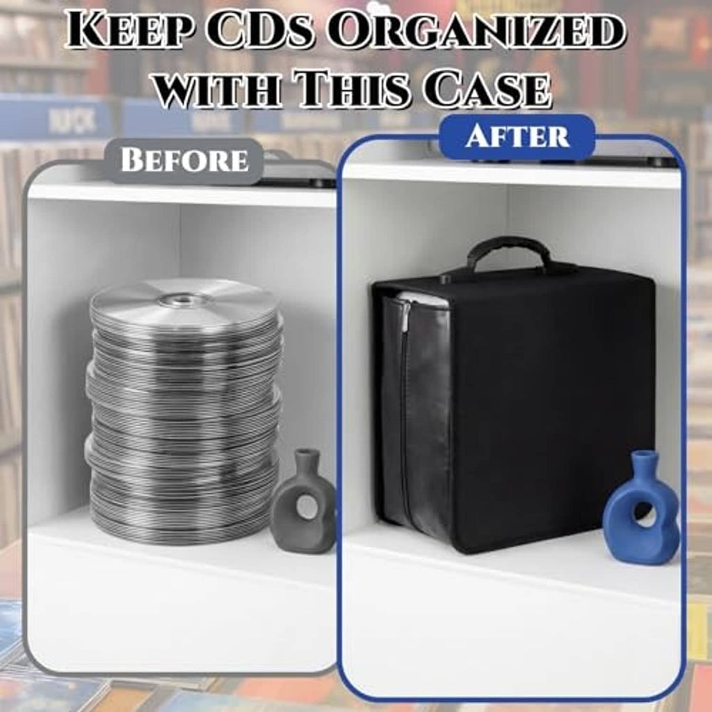 Black CD/DVD storage binder case with zipper closure and top carry handle
