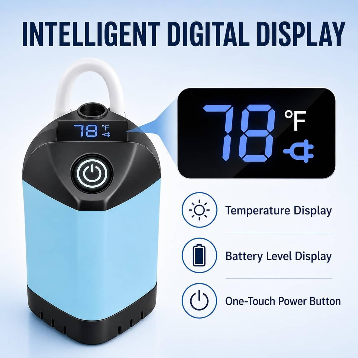 Portable shower pump with digital temperature display and one-touch power button