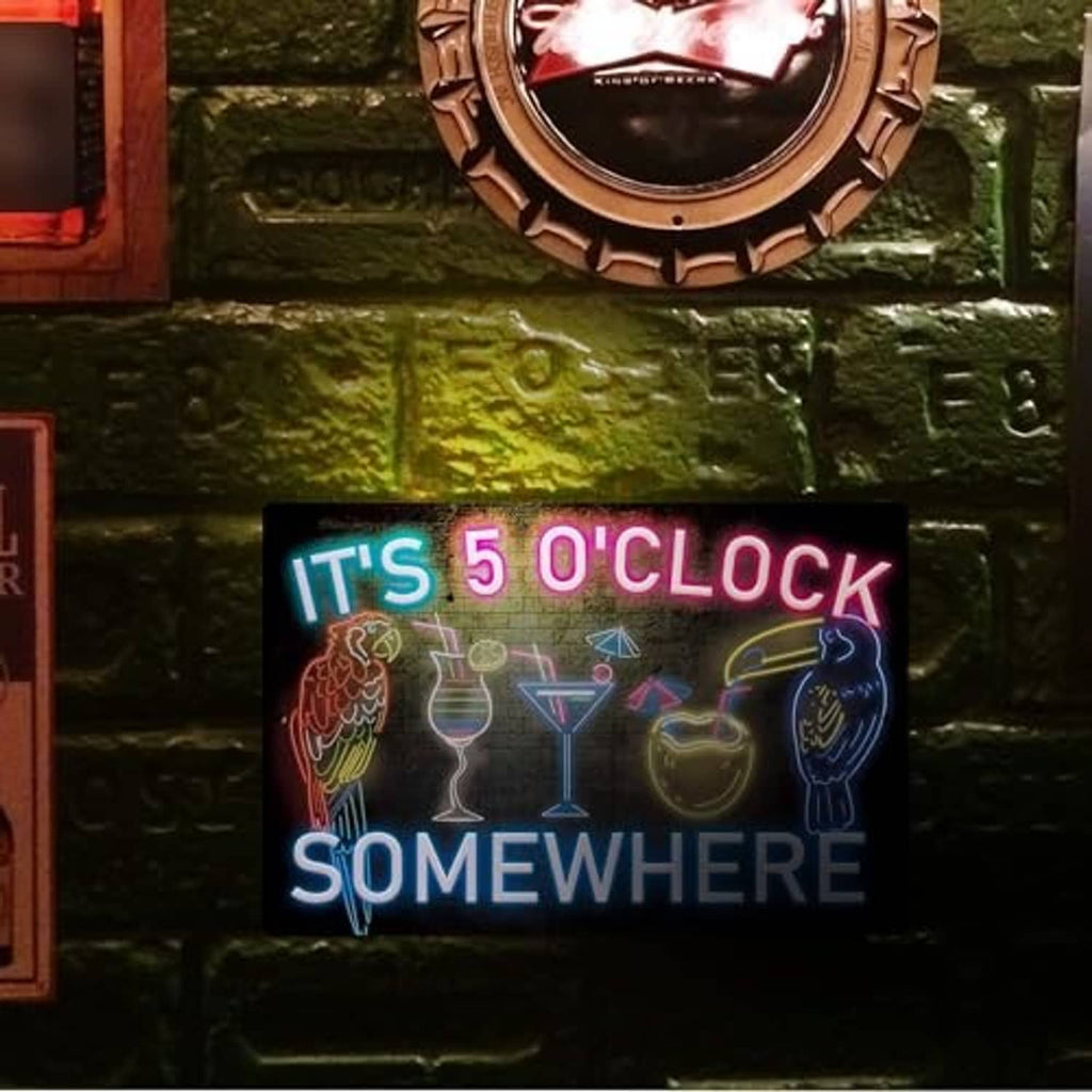 Neon metal tin sign: 'IT'S 5 O'CLOCK SOMEWHERE' with drink and glass icons