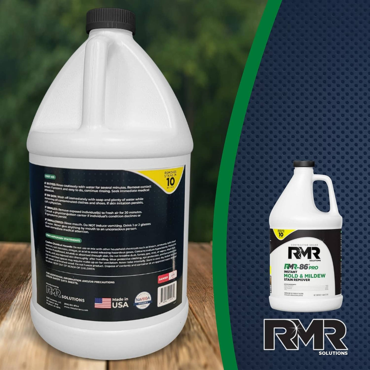 Large white bottle and smaller bottle of stain remover, RMR branding on labels