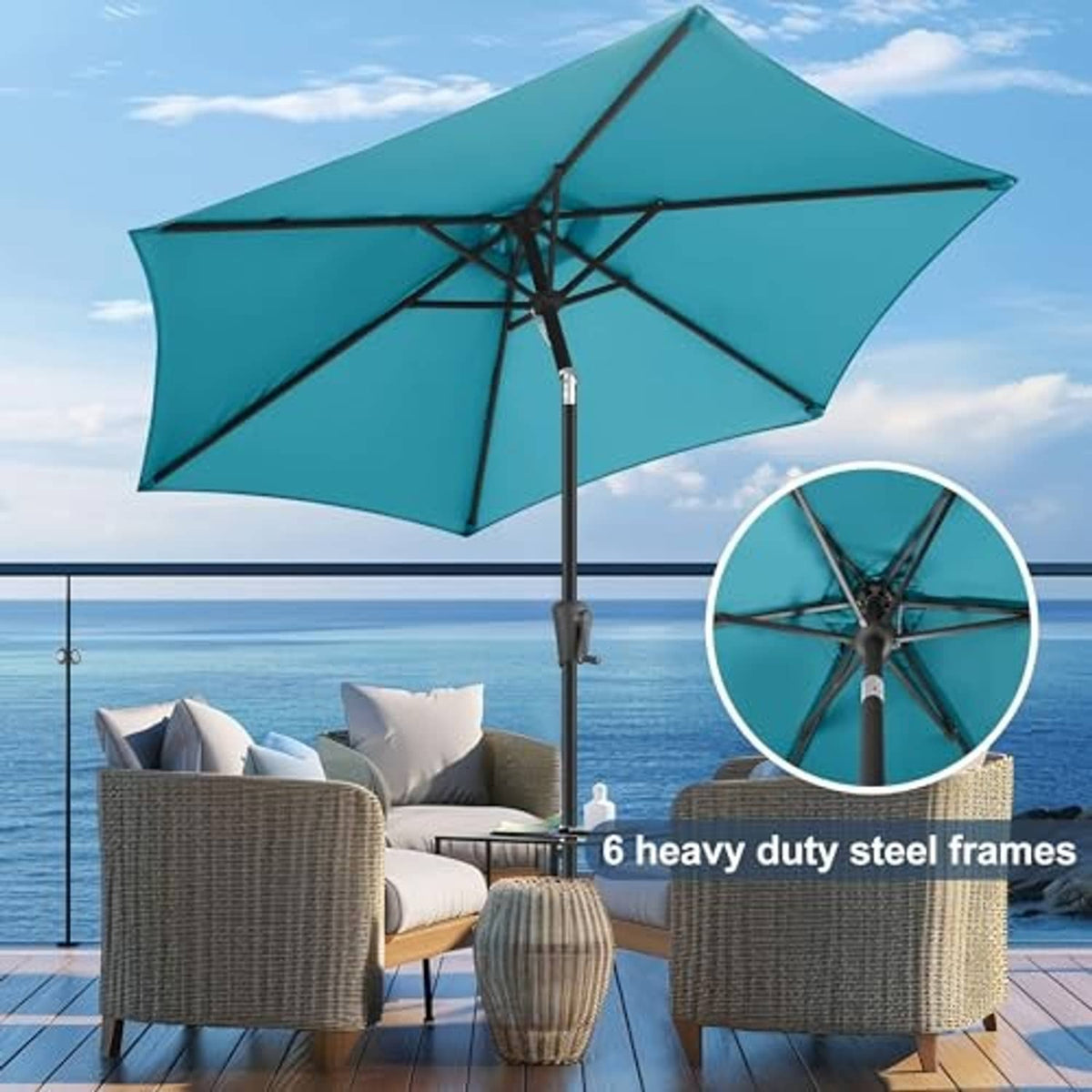 Aqua blue patio table umbrella open with central frame and outdoor seating
