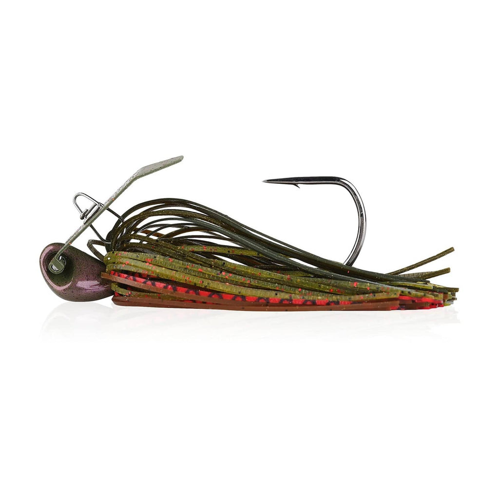 Berkley bladed jig with olive-and-red skirt and dark hook, ready to fish