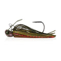 Berkley bladed jig with olive-and-red skirt and dark hook, ready to fish