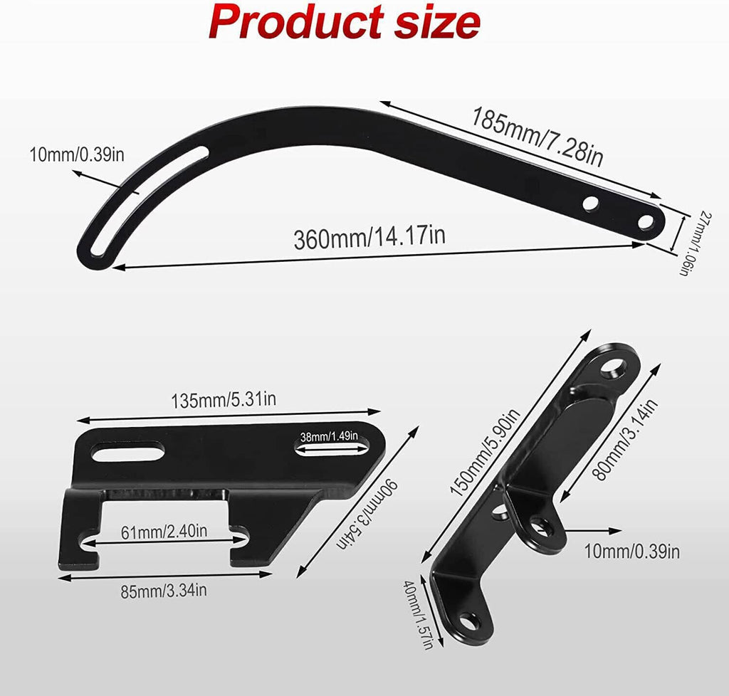 Black alternator bracket kit with curved strap and mounting brackets, with dimensions