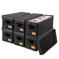Six-pack black fabric CD storage box set with front drawer pockets and CD label squares