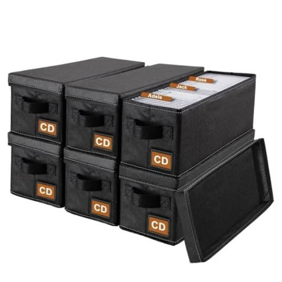 Six-pack black fabric CD storage box set with front drawer pockets and CD label squares
