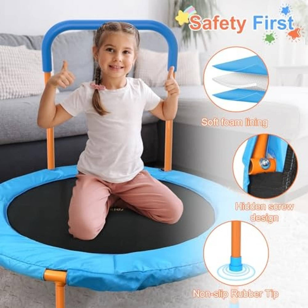 Toddler trampoline with blue padded ring, orange legs, and blue foam handle; child seated