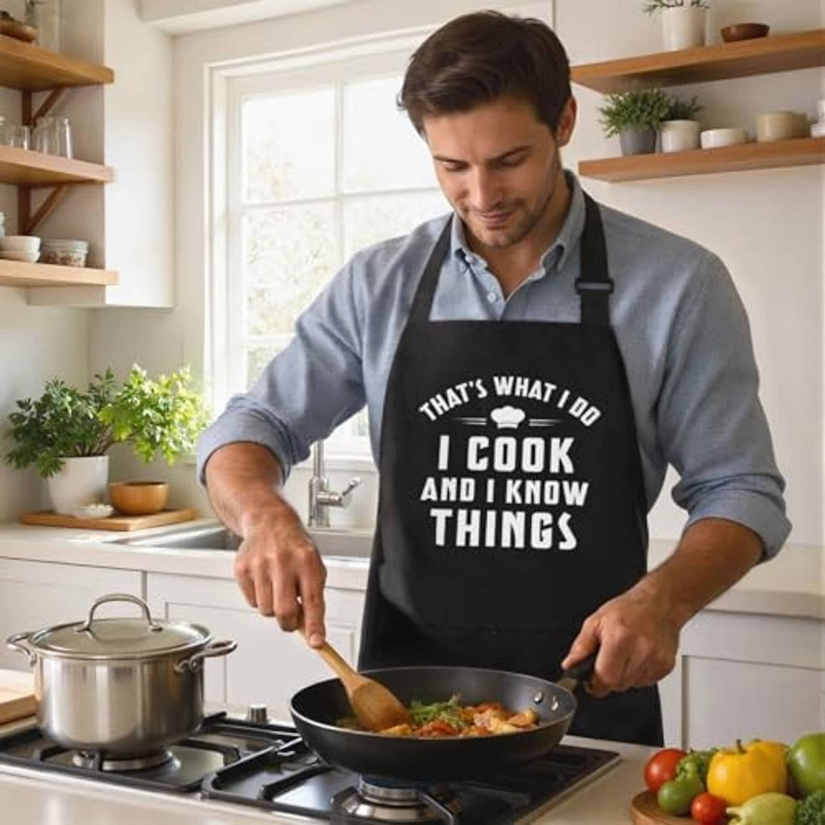Black cooking apron with chef slogan “I cook and I know things,” worn for stovetop cooking