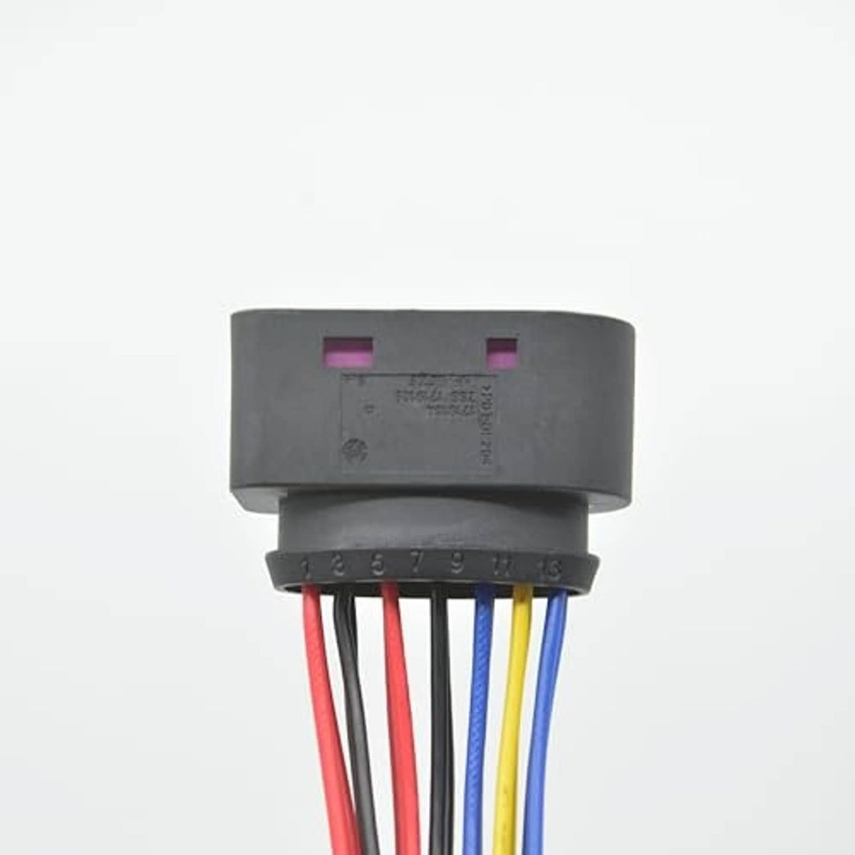 14-pin car HID xenon pigtail plug housing rear with labeled wiring terminals and pins