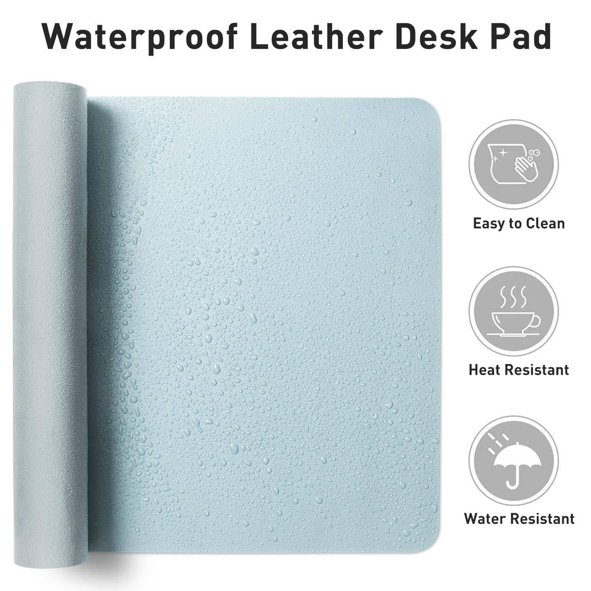Baby blue leather desk pad protector with textured surface and rolled edge
