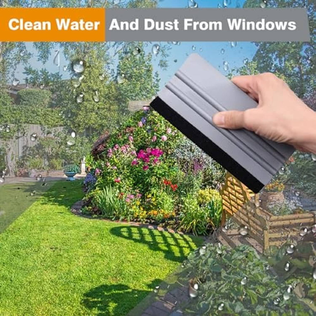 Handheld felt squeegee for windows with gray ribbed tool and black felt strip