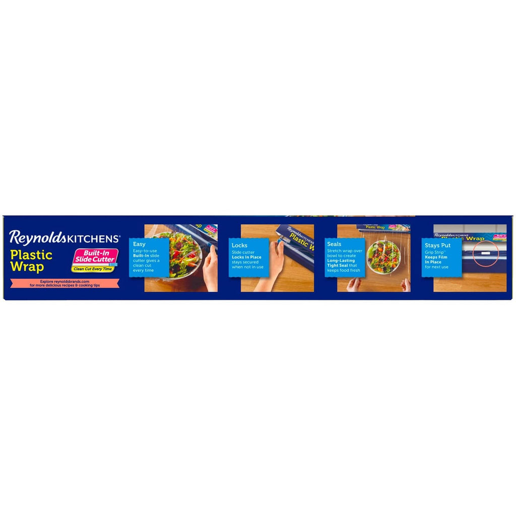Reynolds Kitchens plastic wrap box side panel showing usage feature callouts