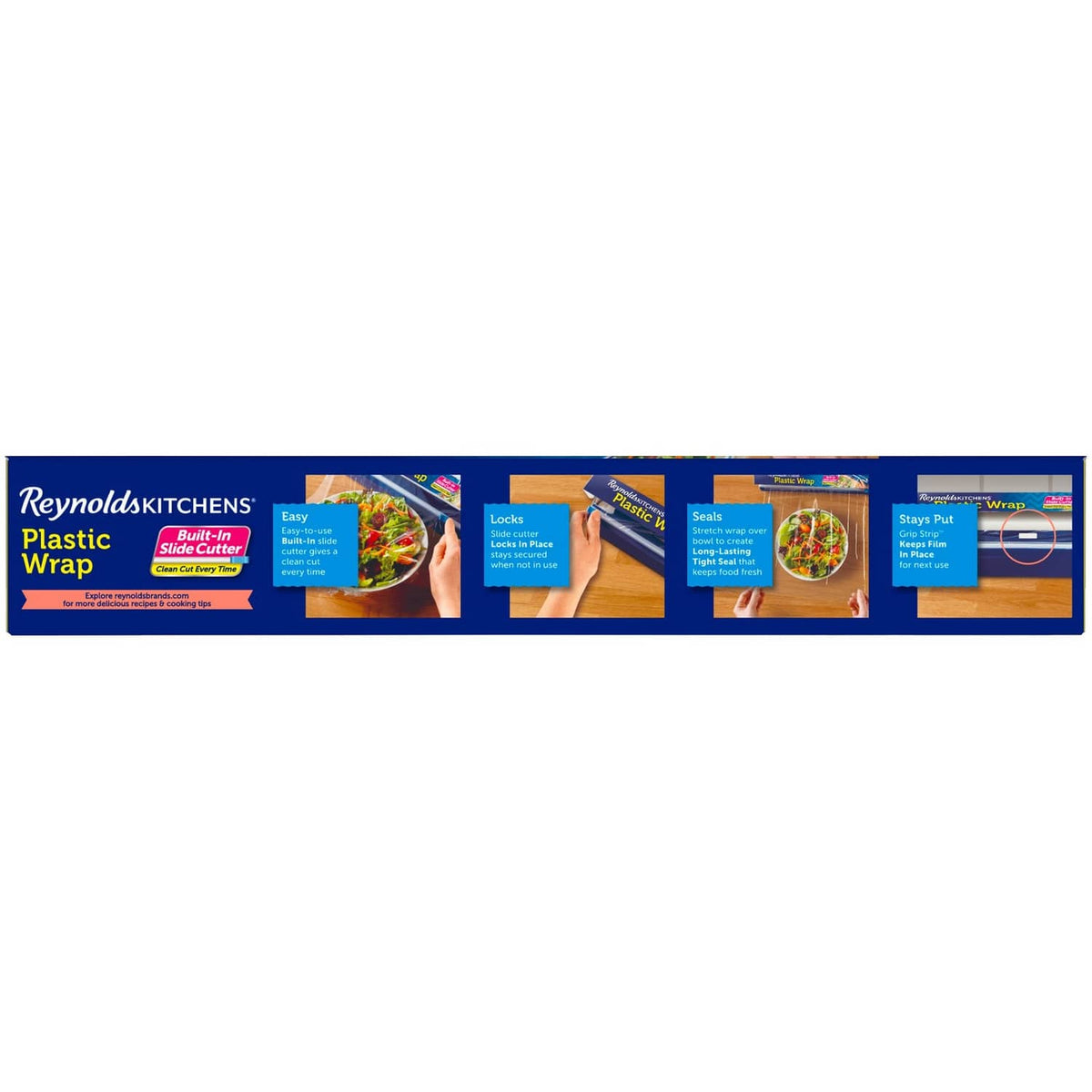 Reynolds Kitchens plastic wrap box side panel showing usage feature callouts
