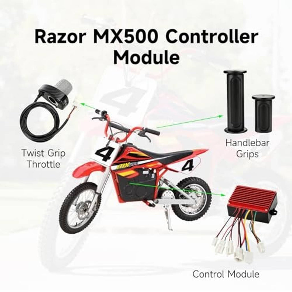 Red controller module with twist throttle grip and handlebar grips, plus wiring