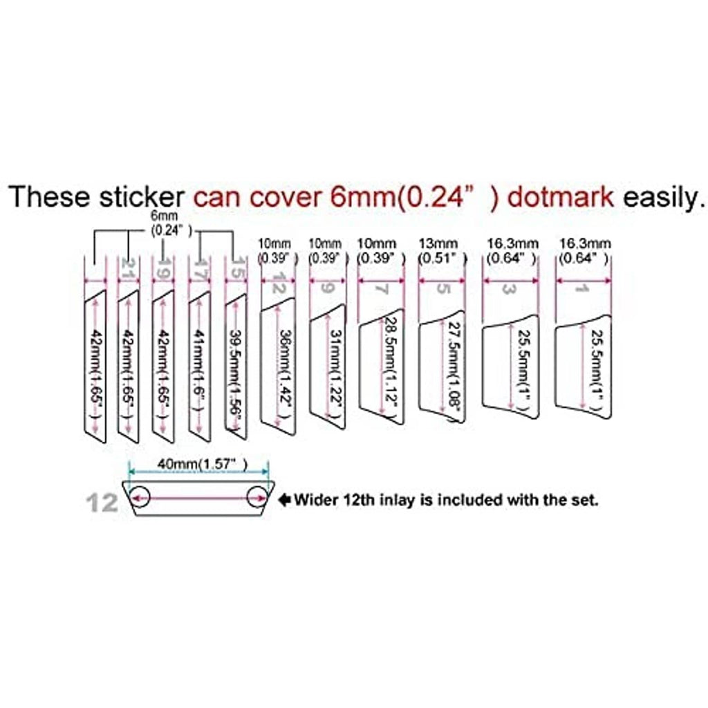 Sticker sizing chart diagram for guitar inlay stickers, with measurements