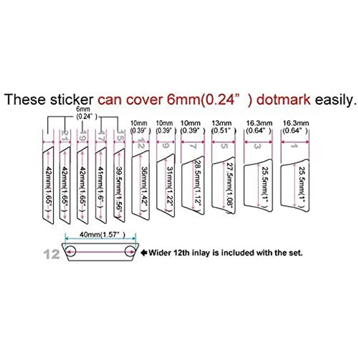 Sticker sizing chart diagram for guitar inlay stickers, with measurements