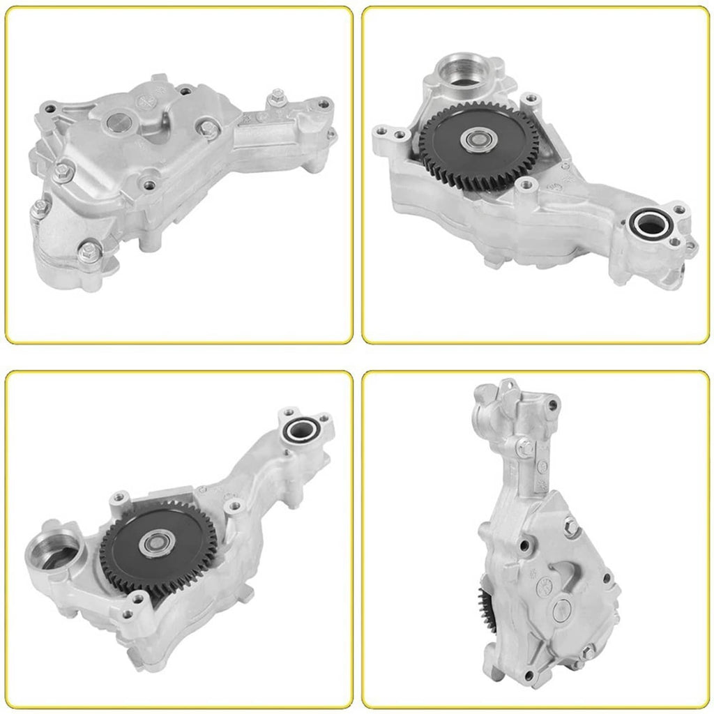 Engine oil pump shown in multiple angle views with black gear wheel and ports