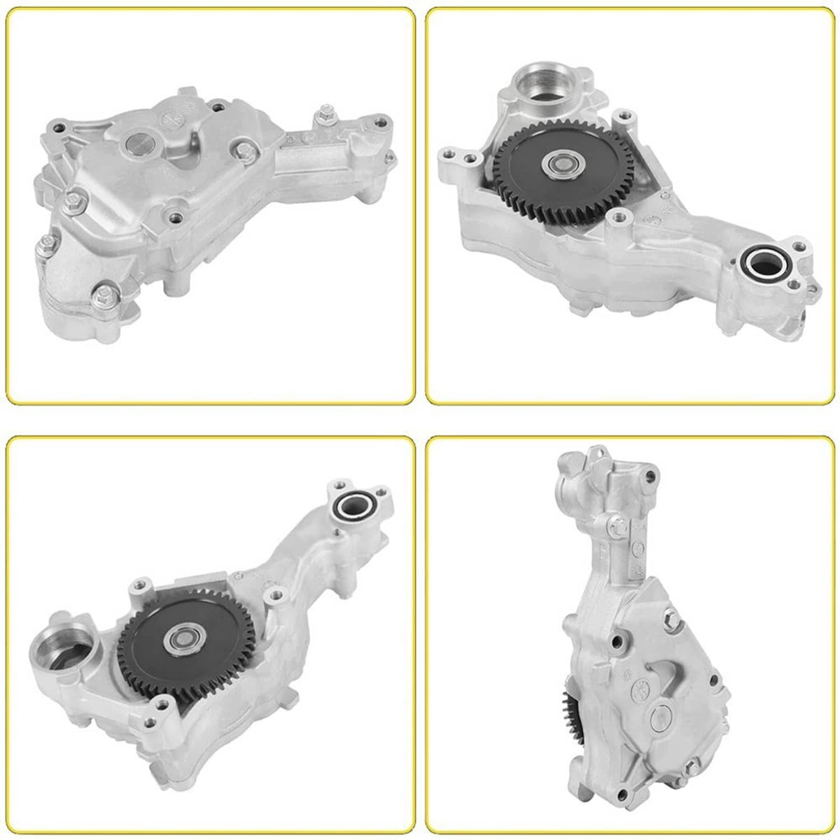 Engine oil pump shown in multiple angle views with black gear wheel and ports