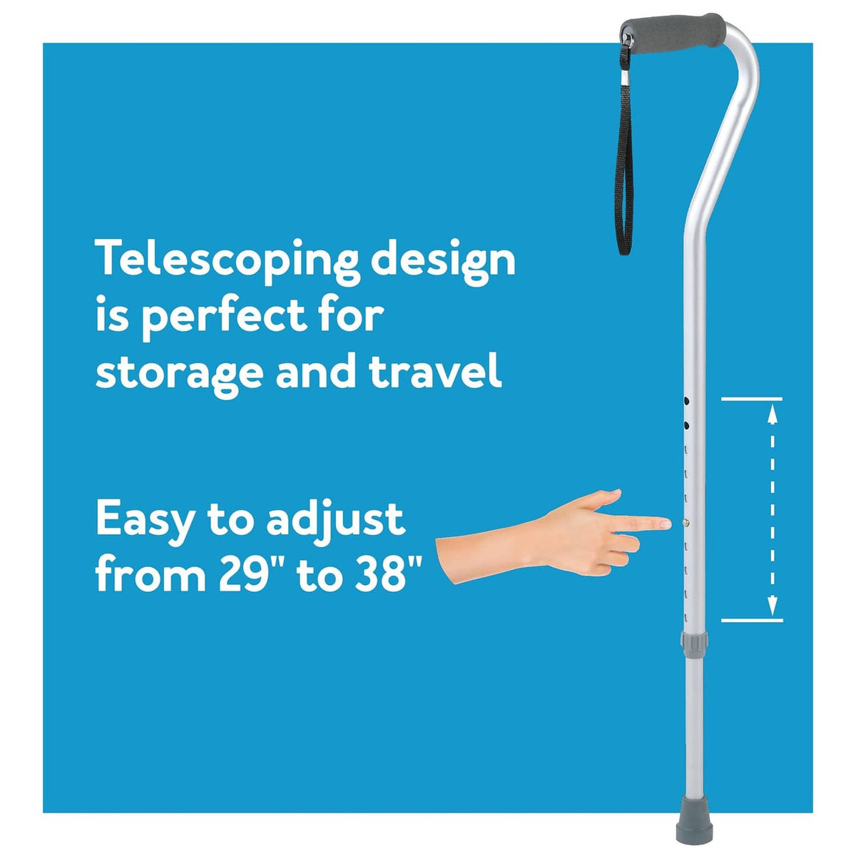 Adjustable offset walking cane with telescoping aluminum shaft and cushioned handle