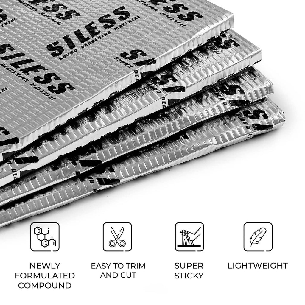 Stack of car sound deadening mats with silver textured foil and black underside