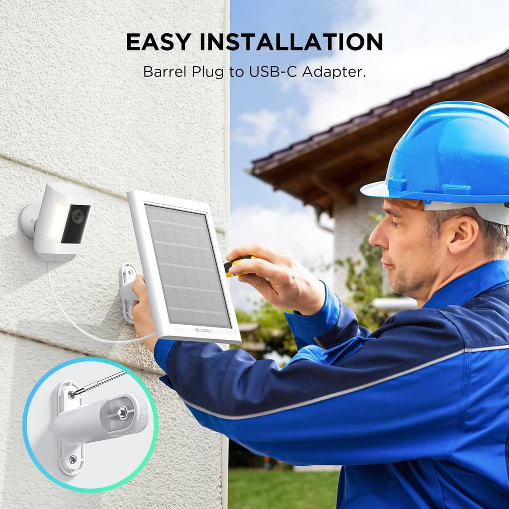 Easy installation: white solar panel with barrel plug to USB-C adapter cable