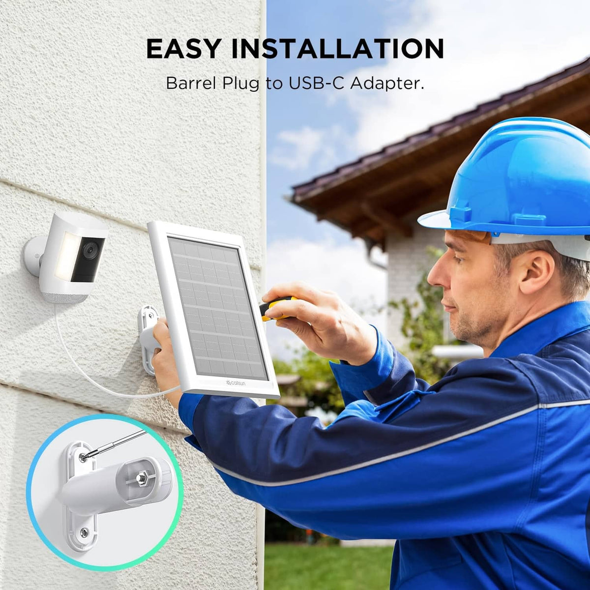 Easy installation: white solar panel with barrel plug to USB-C adapter cable