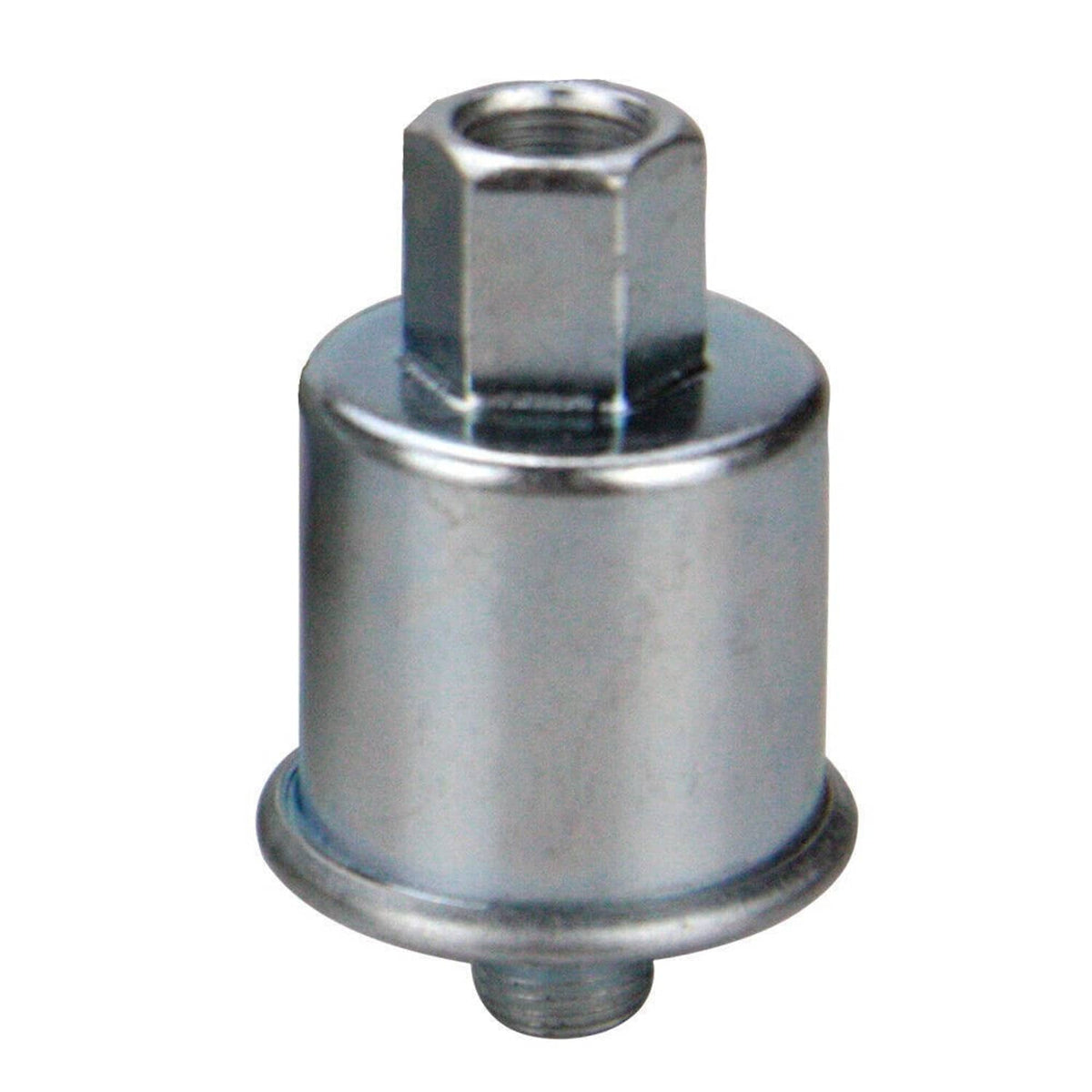 Electric fuel pump body with threaded top inlet and round metal housing
