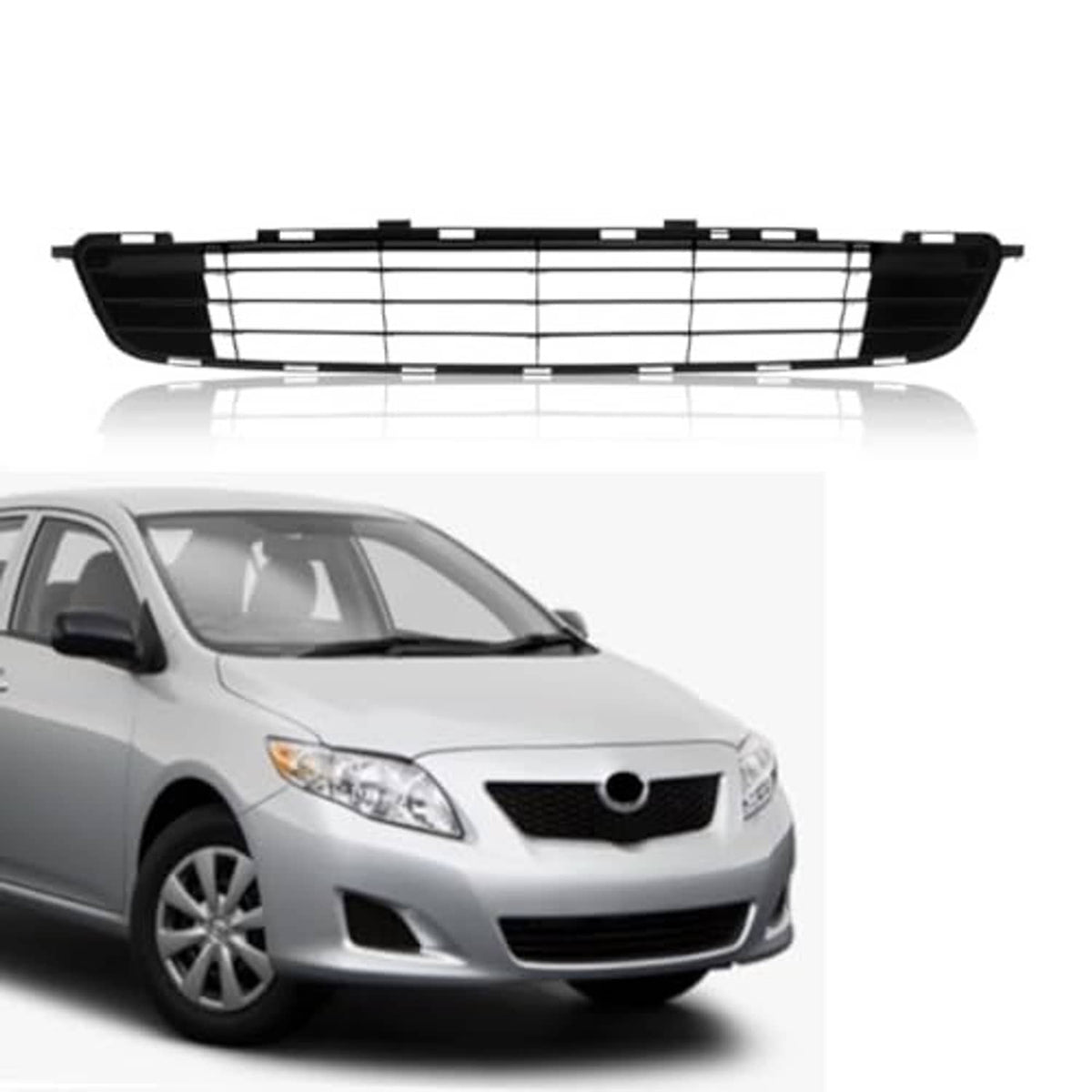Front bumper lower grille, black with horizontal bars and center circular opening