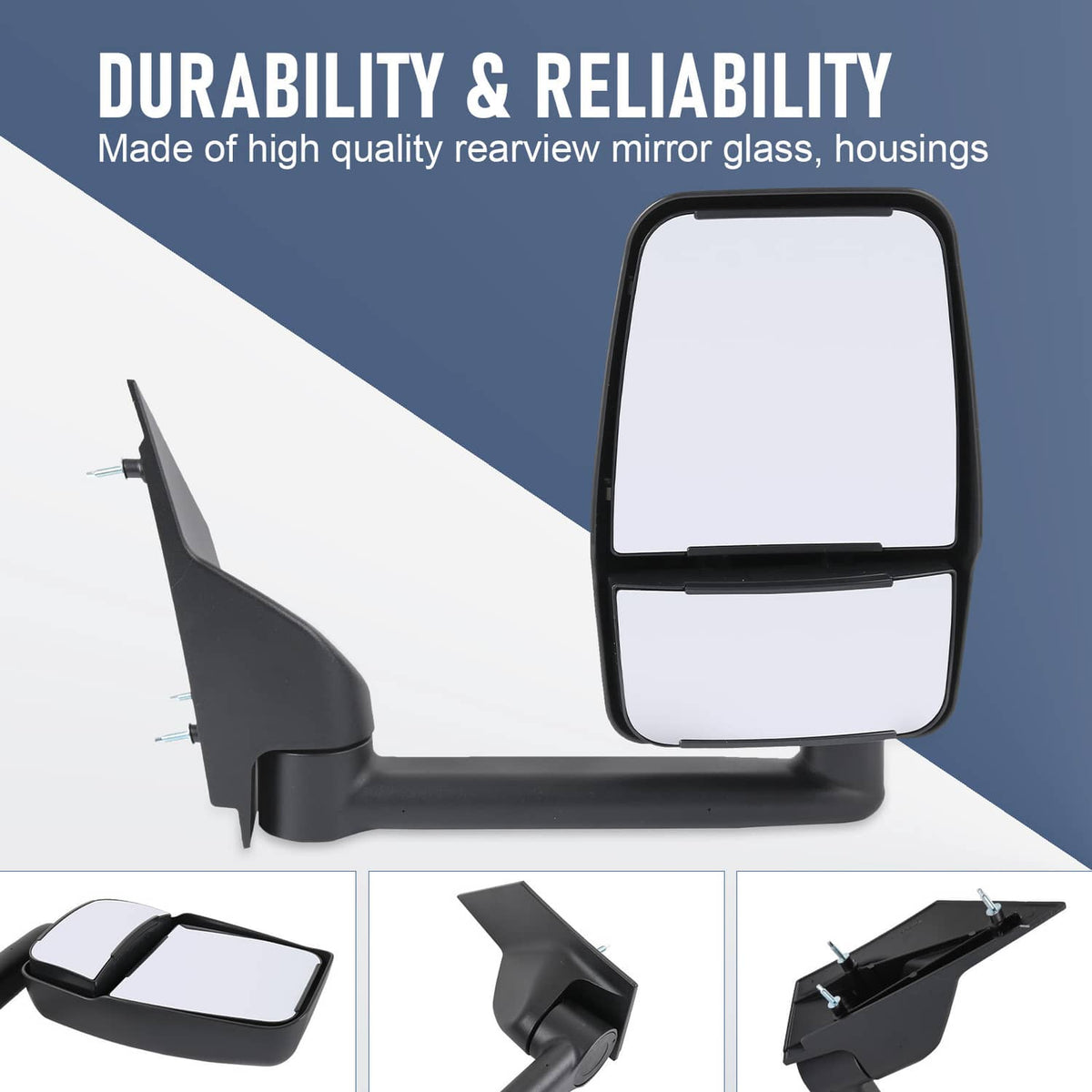 Manual side mirrors with black housings and clear glass, wide view