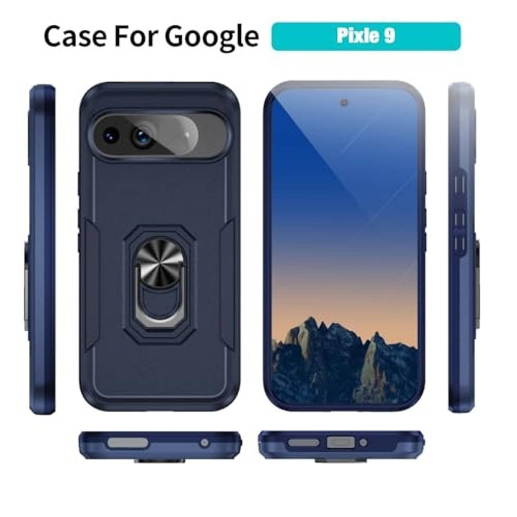 Dark blue phone case set showing front, back, and side port cutouts with ring